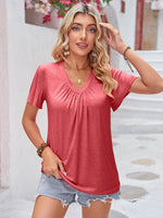 Double Take Ruched V-Neck Short Sleeve T-Shirt - Amexza