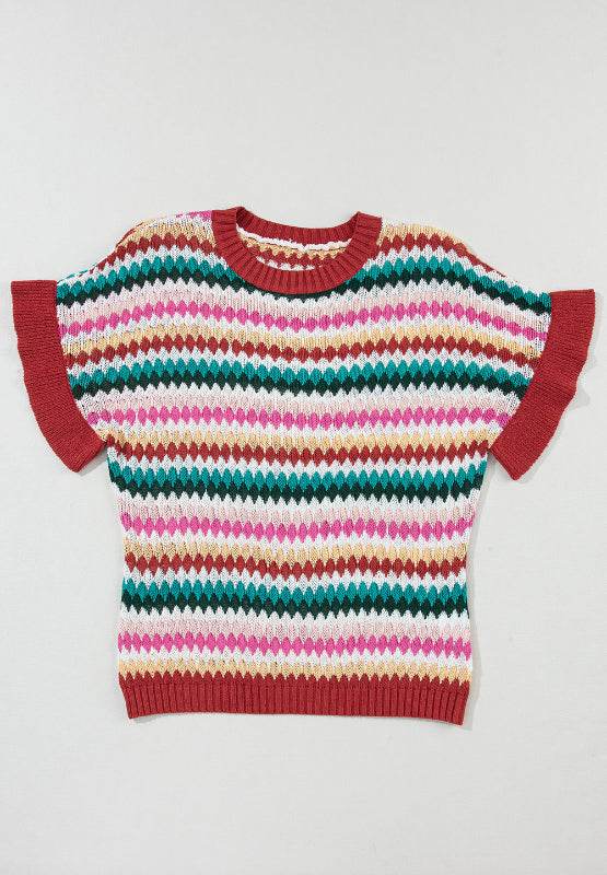 Contrast Round Neck Short Sleeve Sweater for a perfect OOTD – dress to impress outfits from Amexza