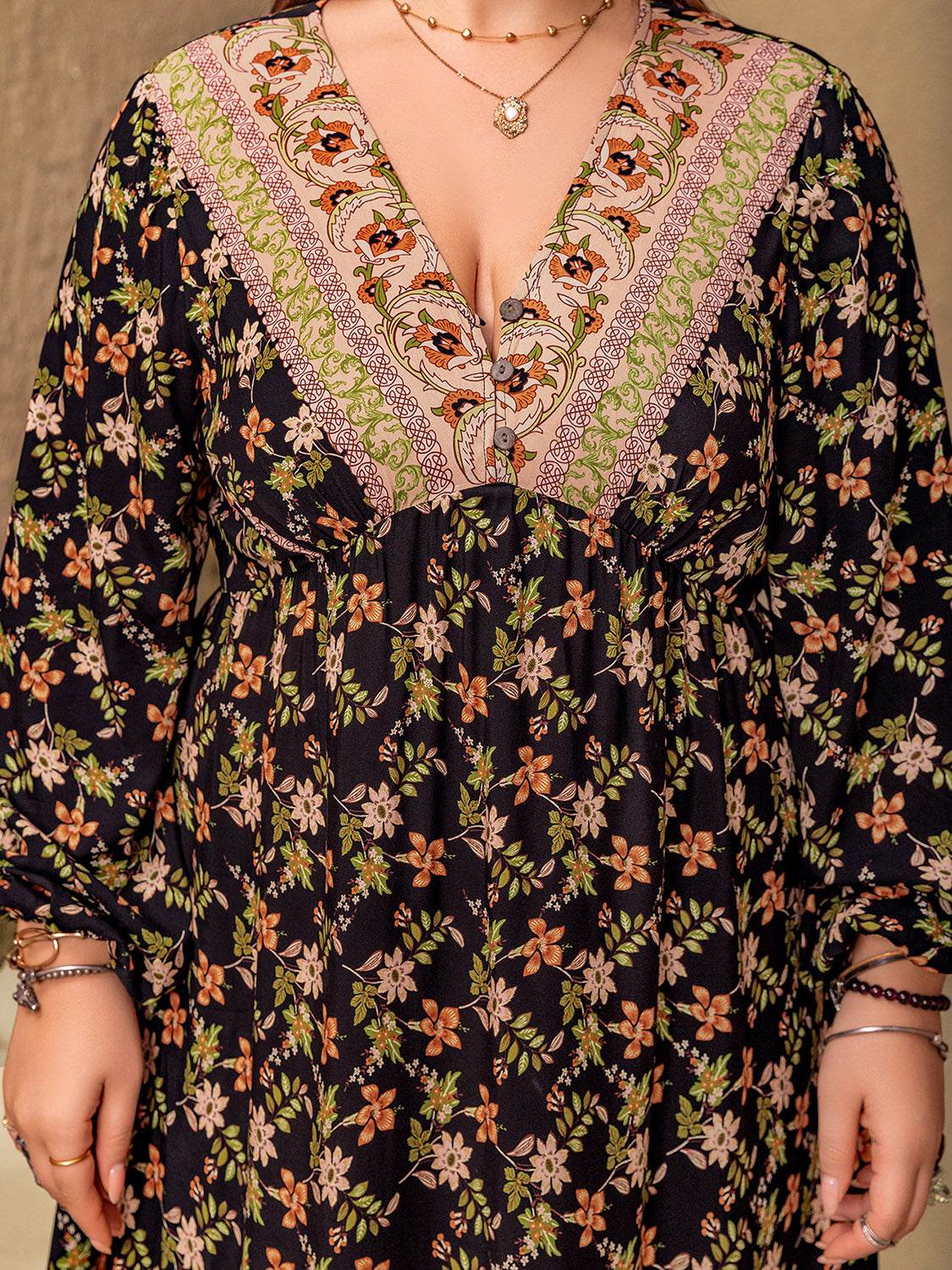 Plus Size Floral V-Neck Balloon Sleeve Dress - Amexza