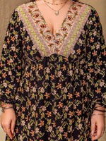 Plus Size Floral V-Neck Balloon Sleeve Dress - Amexza