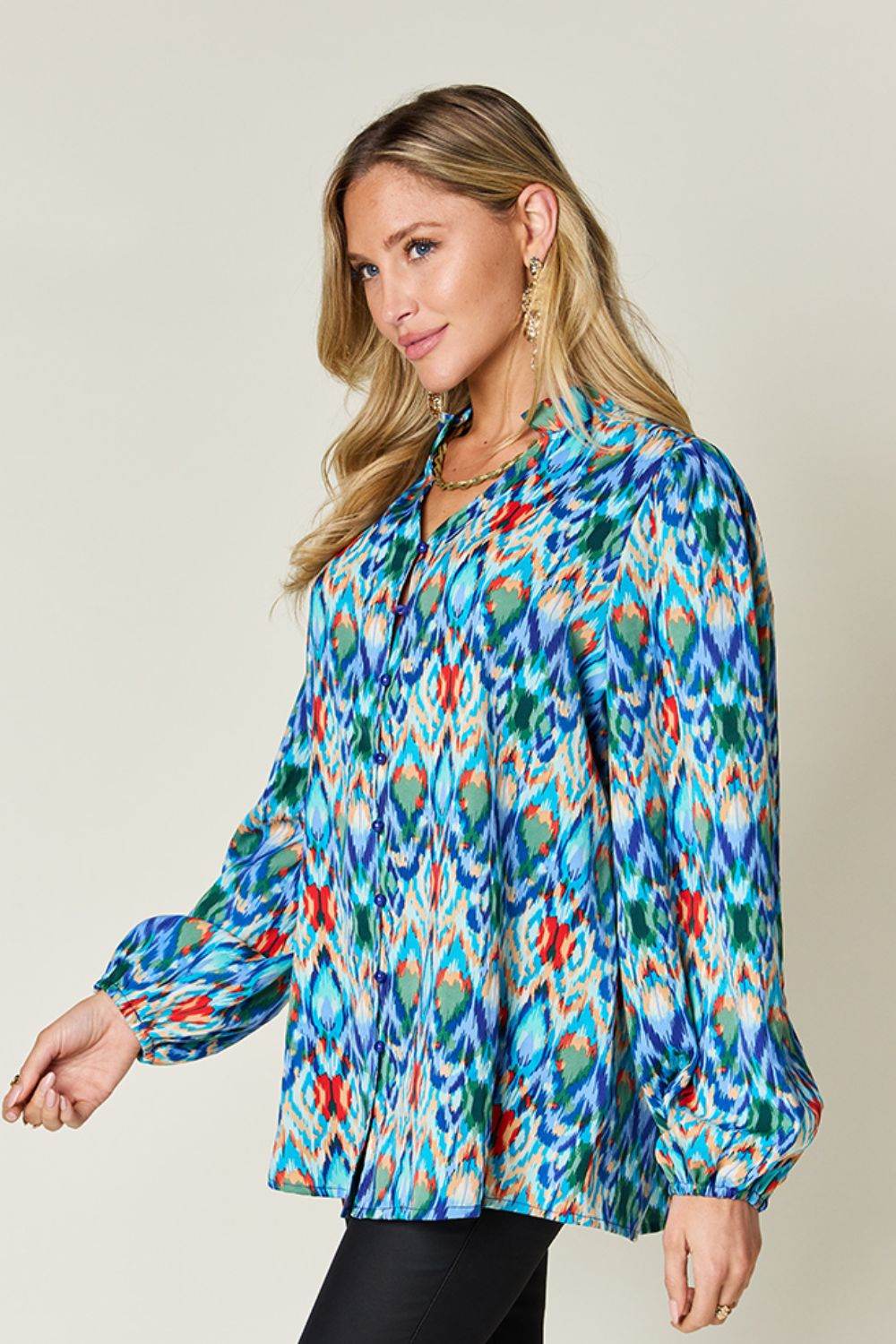 Double Take Full Size Printed Balloon Sleeve Blouse - Amexza