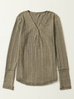 Textured V-Neck Long Sleeve T-Shirt - Amexza