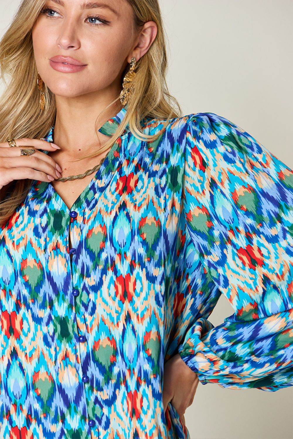 Double Take Full Size Printed Balloon Sleeve Blouse - Amexza
