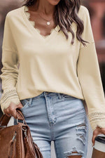 Lace Detail V-Neck Long Sleeve T-Shirt - Amexza