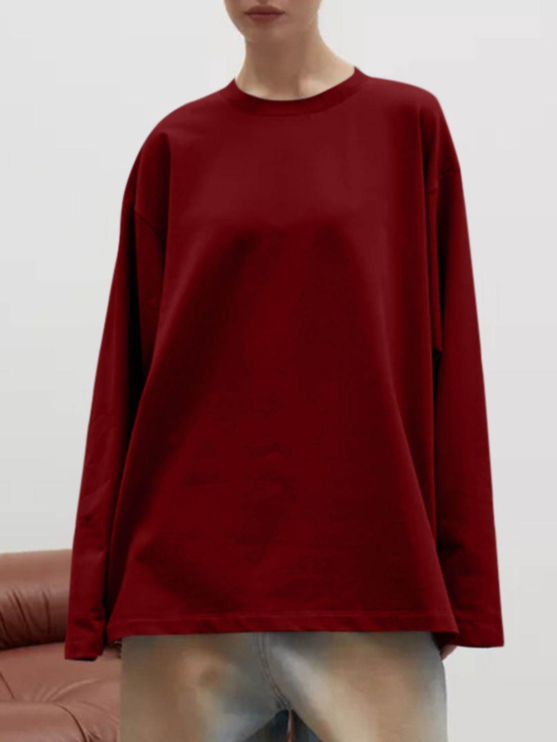 Round Neck Dropped Shoulder Long Sleeve T-Shirt - Amexza