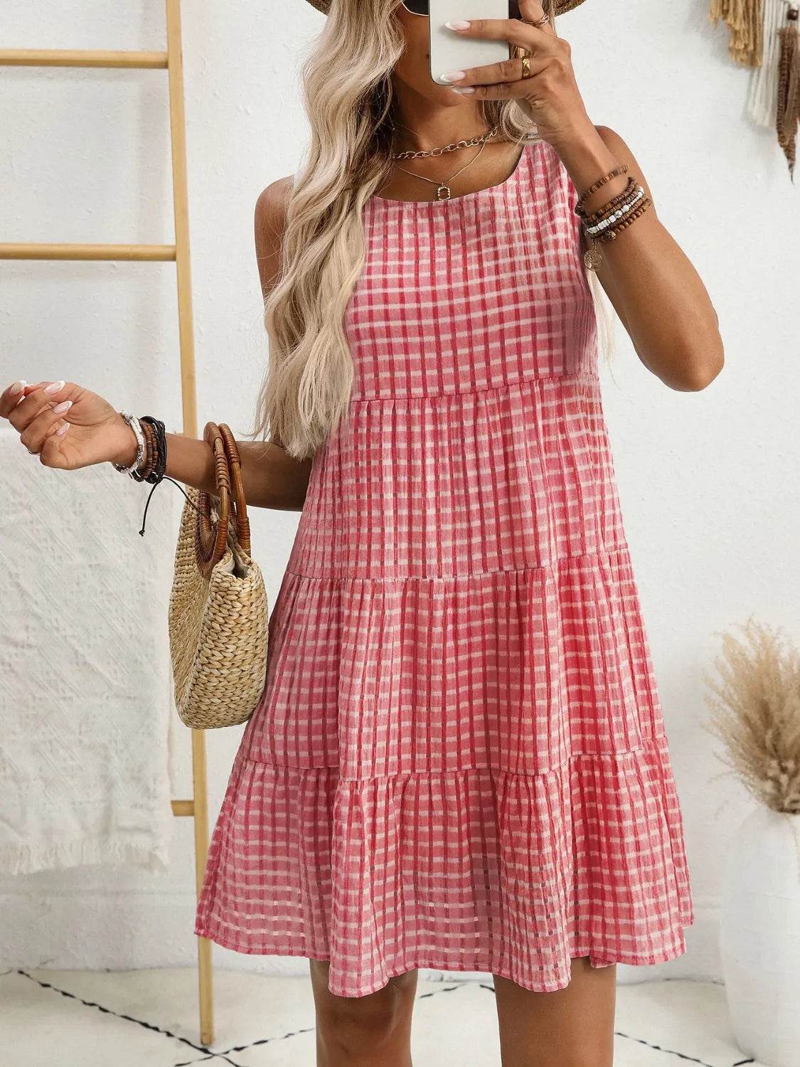 Plaid Round Neck Sleeveless Mini Dress for a perfect OOTD – dress to impress outfits from Amexza