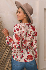 Floral V-Neck Drawstring Peplum Blouse - Amexza