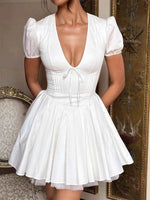 V-Neck Short Sleeve Mini Dress White for a perfect OOTD – dress to impress outfits from Amexza