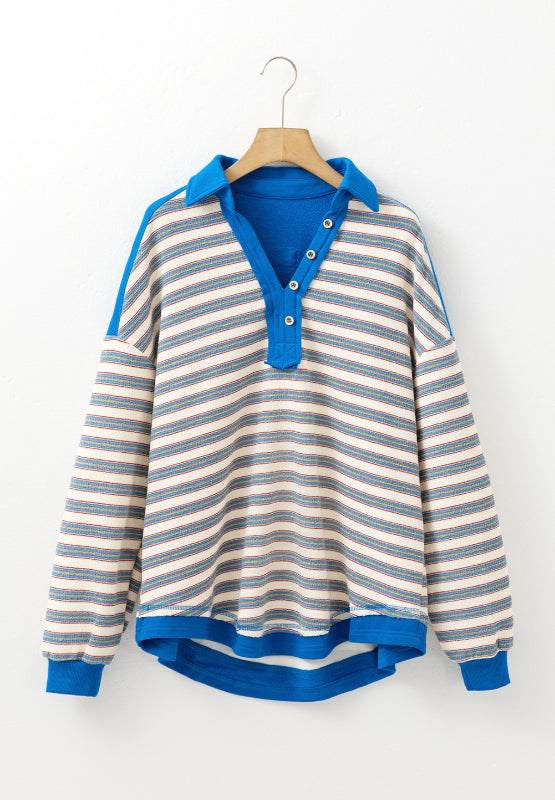 Striped Johnny Collar Long Sleeve Sweatshirt for a perfect OOTD – dress to impress outfits from Amexza