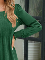 Smocked Round Neck Lantern Sleeve Blouse - Amexza