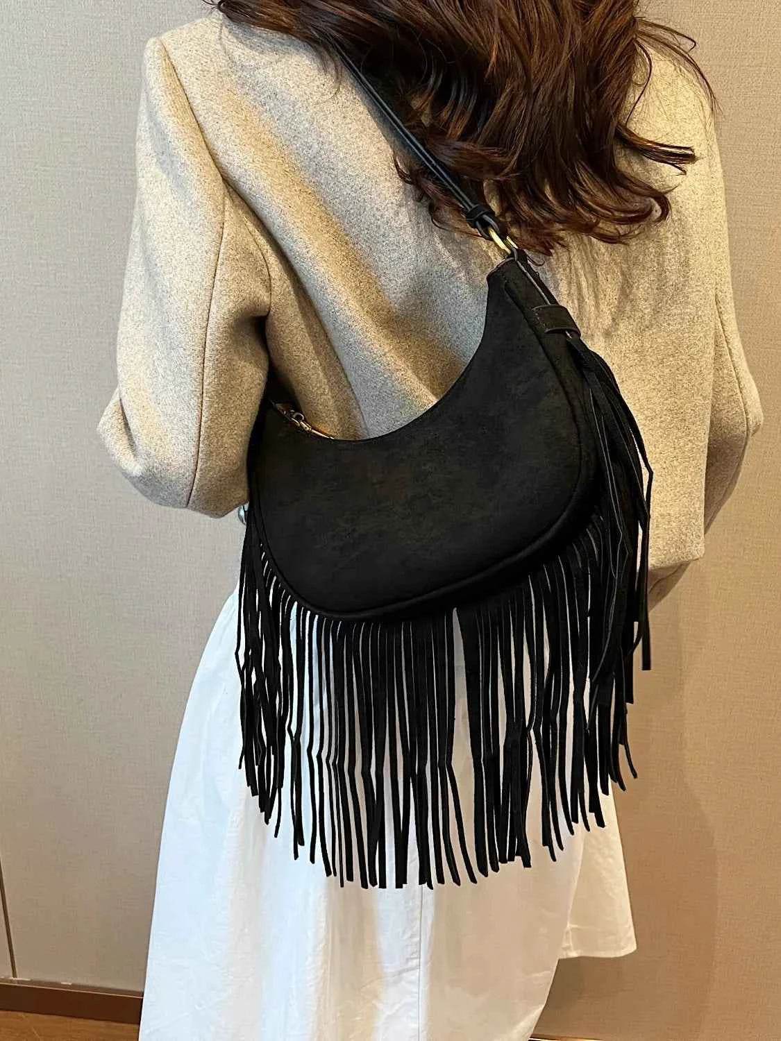 Fringe Solid Color Shoulder Bag Black One Size for a perfect OOTD – dress to impress outfits from Amexza