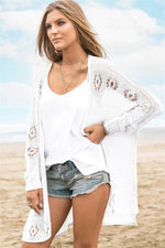 Openwork Side Slit Open Front Long Sleeve Cardigan - Amexza