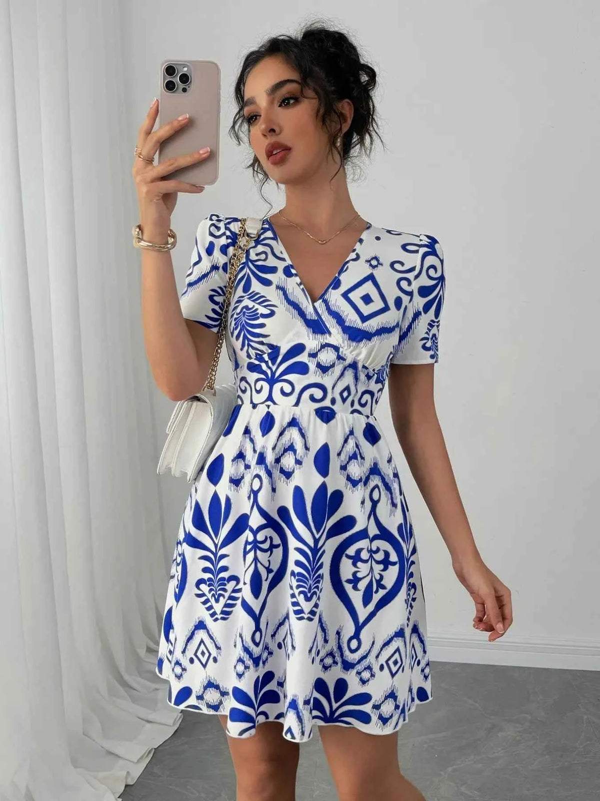 Printed Surplice Short Sleeve Dress