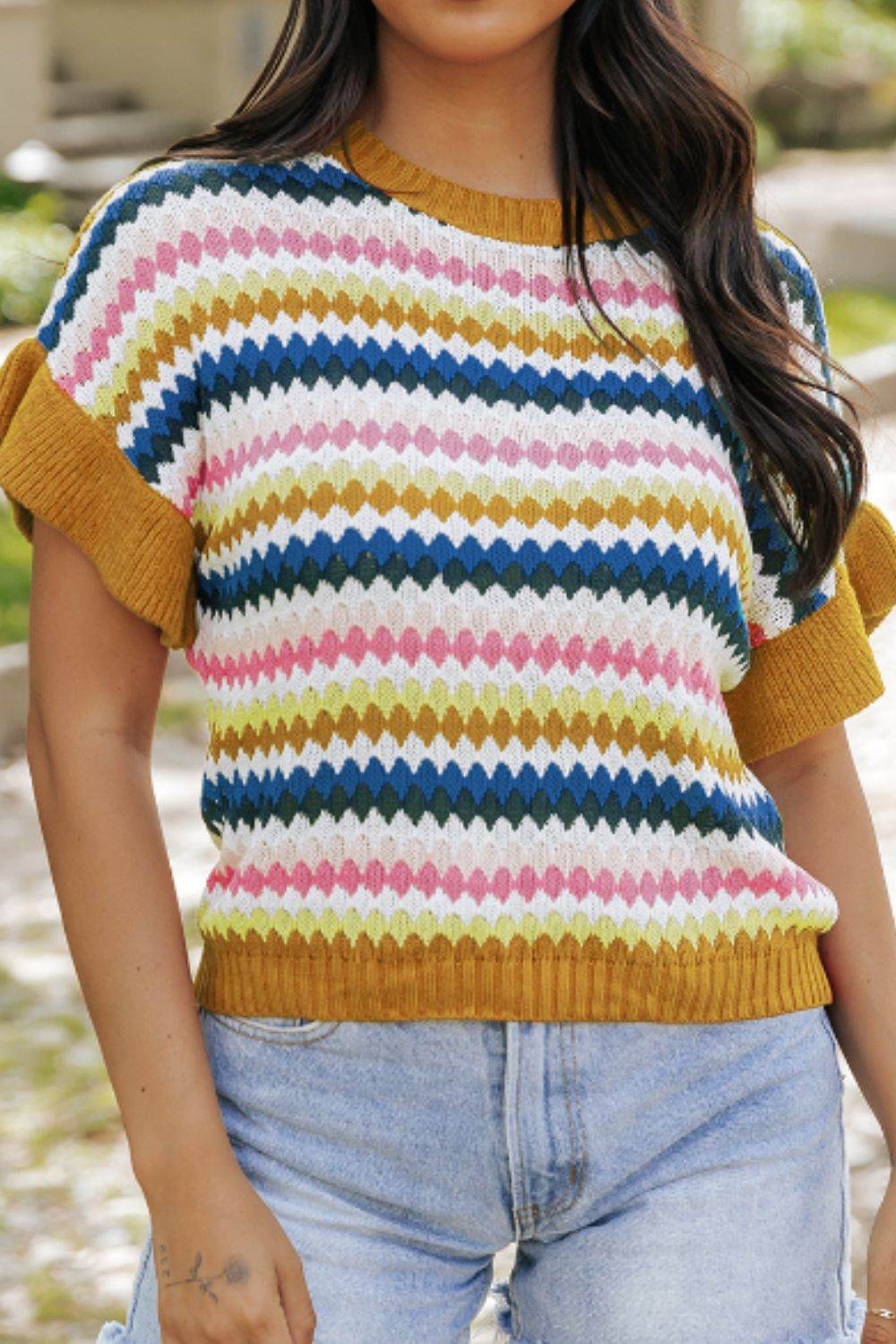 Contrast Round Neck Short Sleeve Sweater for a perfect OOTD – dress to impress outfits from Amexza