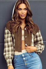 Raw Hem Plaid Cropped Hooded Jacket - Amexza