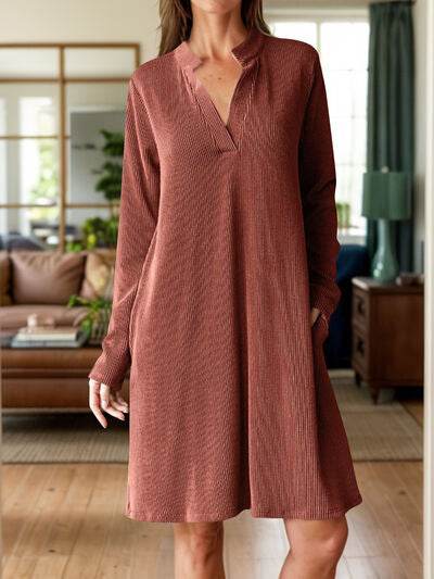 Notched Long Sleeve Mini Dress with Pockets Brown for a perfect OOTD – dress to impress outfits from Amexza