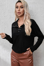 Ribbed Knit Henry Collar Loose Fitting Long Sleeve Top - Amexza