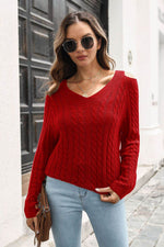 Cold Shoulder V-Neck Cable-Knit Pullover Sweater for a perfect OOTD – dress to impress outfits from Amexza