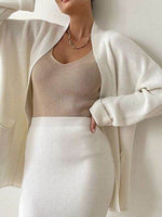 Pocketed Long Sleeve Cardigan and Skirt Sweater Set for a perfect OOTD – dress to impress outfits from Amexza