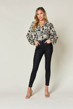 Double Take Full Size Printed Ruffle Trim Balloon Sleeve Shirt - Amexza