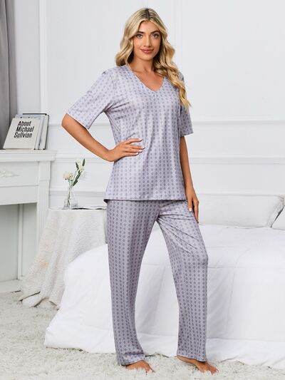 Printed V-Neck Top and Pants Lounge Set for a perfect OOTD – dress to impress outfits from Amexza