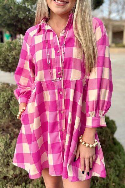 Ruched Plaid Three-Quarter Sleeve Shirt Dress for a perfect OOTD – dress to impress outfits from Amexza