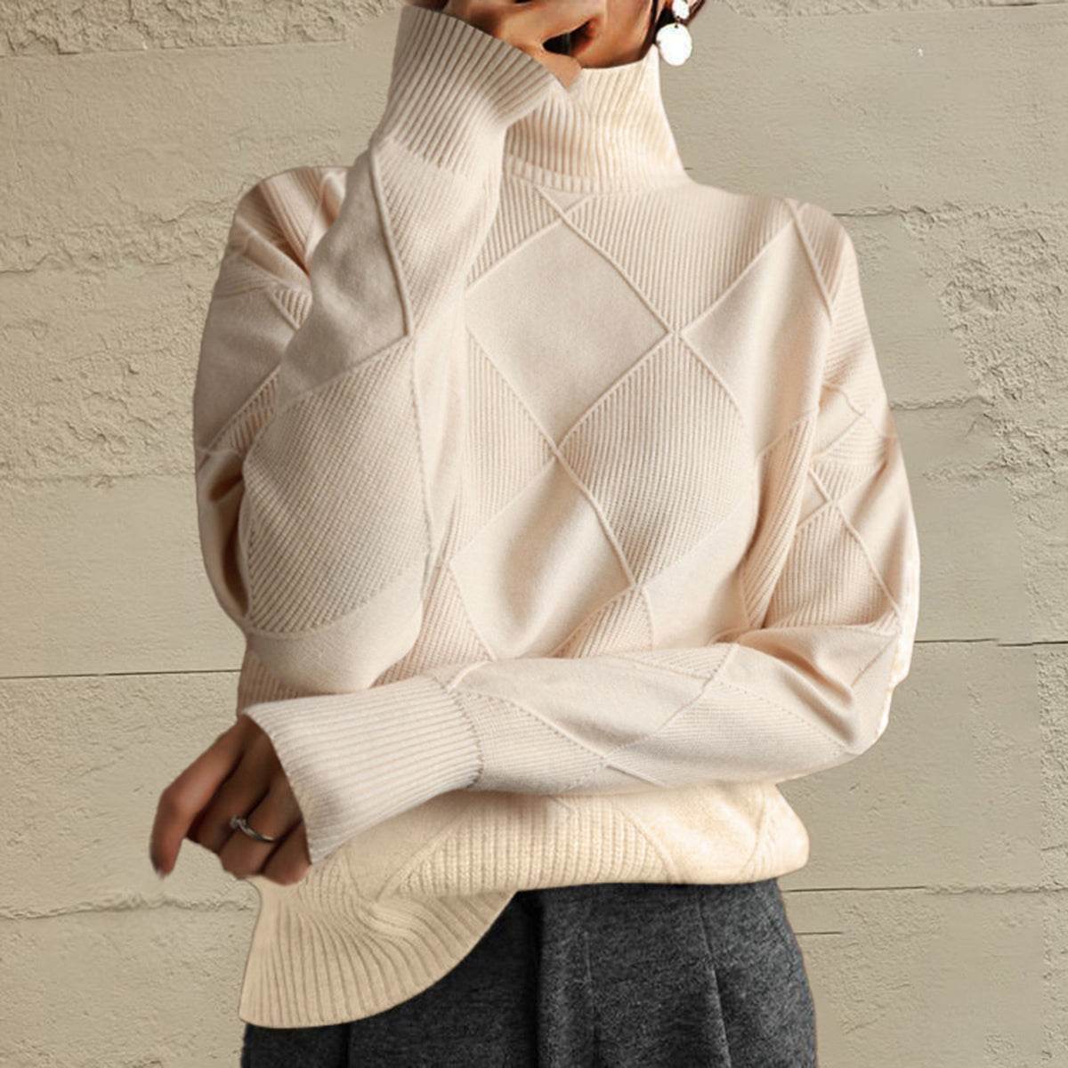Geometric Turtleneck Long Sleeve Sweater Ivory for a perfect OOTD – dress to impress outfits from Amexza