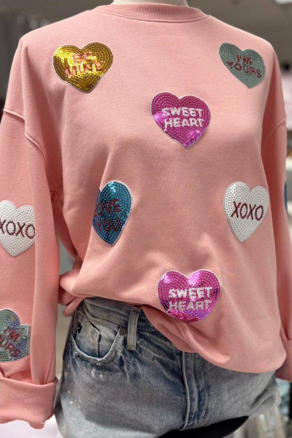 Valentine’s Day Sequin Heart Round Neck Long Sleeve Sweatshirt for a perfect OOTD – dress to impress outfits from Amexza