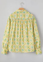 Frill Printed Collared Neck Long Sleeve Blouse - Amexza