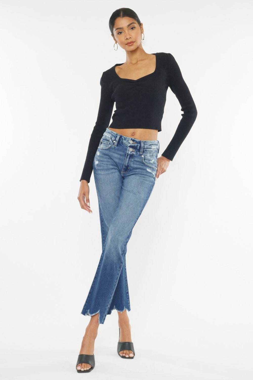 High Rise Wide Waistband Slim Straight Jeans - Amexza