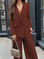 Buttoned Lapel Collar Long Sleeve Blazer and Pants Set Brown for a perfect OOTD – dress to impress outfits from Amexza
