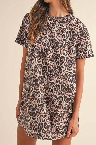Leopard Round Neck Short Sleeve Mini Dress for a perfect OOTD – dress to impress outfits from Amexza