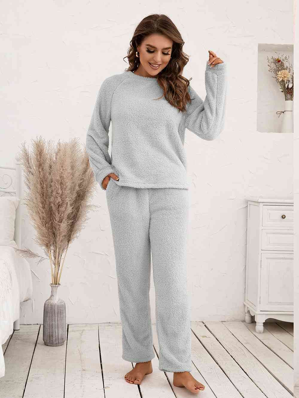 Ivy Lane Teddy Long Sleeve Top and Pants Lounge Set Light Gray for a perfect OOTD – dress to impress outfits from Amexza