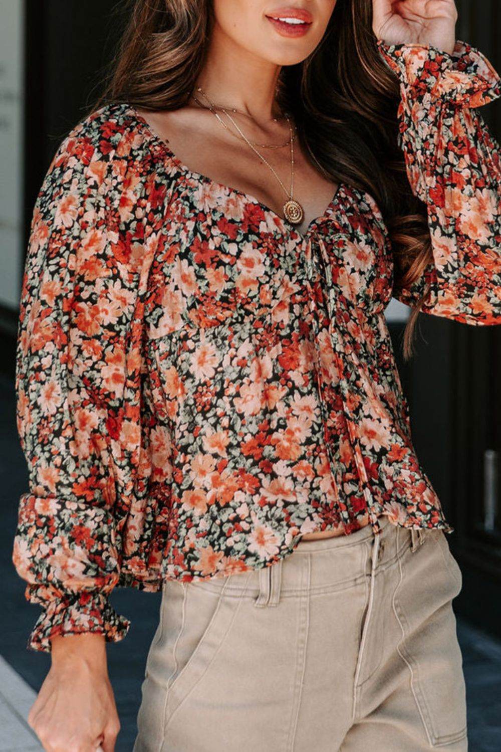 Peplum Tied Flora Long Sleeve Blouse - Amexza