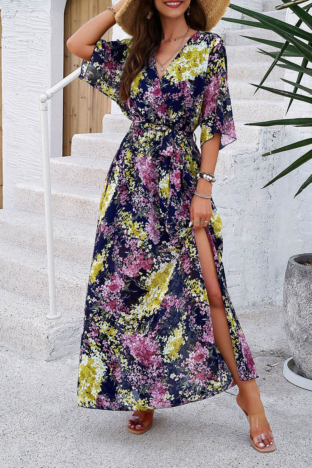 Devine Printed Tied Half Sleeve Slit Dress - Amexza