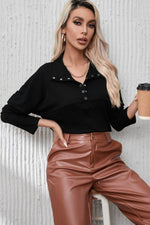 Ribbed Knit Henry Collar Loose Fitting Long Sleeve Top - Amexza