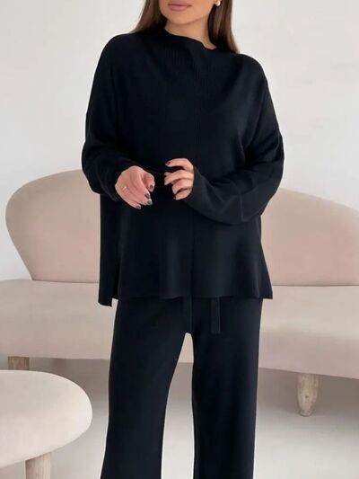 Slit Mock Neck Top and Pants Sweater Set for a perfect OOTD – dress to impress outfits from Amexza