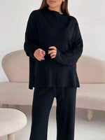 Slit Mock Neck Top and Pants Sweater Set for a perfect OOTD – dress to impress outfits from Amexza