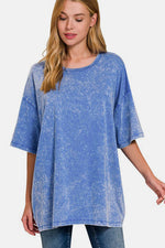 Zenana Full Size Washed Round Neck Drop Shoulder Oversized T-Shirt - Amexza