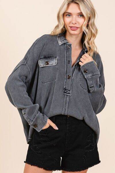 Mittoshop Mineral Wash Waffle Knit Collared Neck Henley Top for a perfect OOTD – dress to impress outfits from Amexza