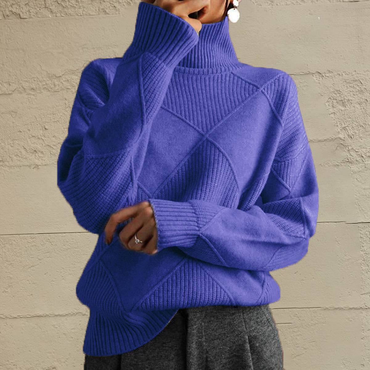 Geometric Turtleneck Long Sleeve Sweater Indigo for a perfect OOTD – dress to impress outfits from Amexza