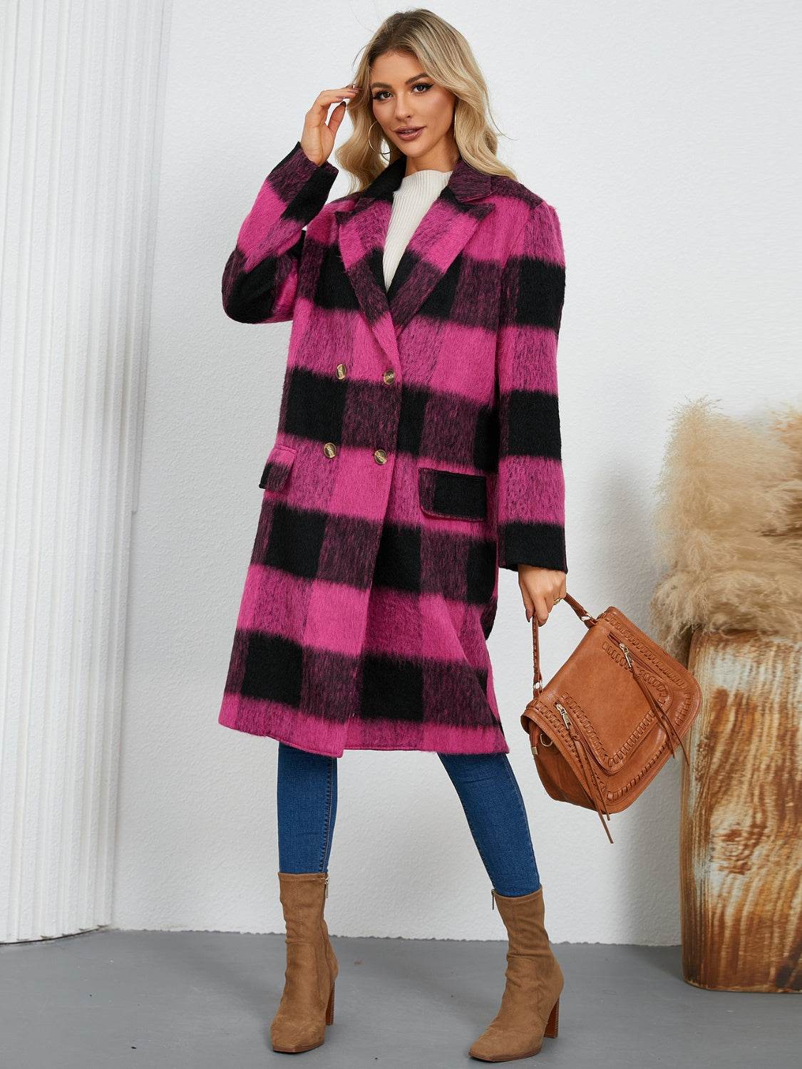 Plaid Double-Breasted Long Sleeve Coat - Amexza