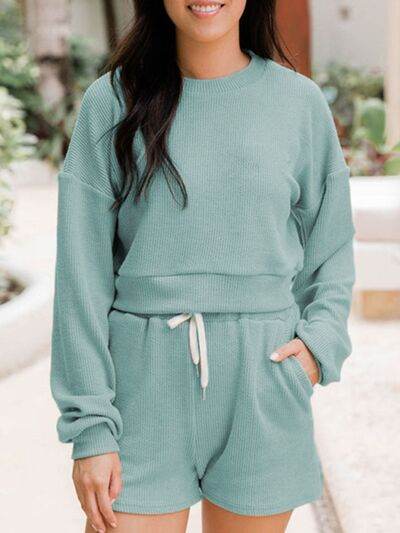 Ribbed Round Neck Long Sleeve Top and Shorts Set Teal for a perfect OOTD – dress to impress outfits from Amexza