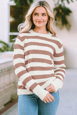Striped Round Neck Long Sleeve Sweater Khaki for a perfect OOTD – dress to impress outfits from Amexza