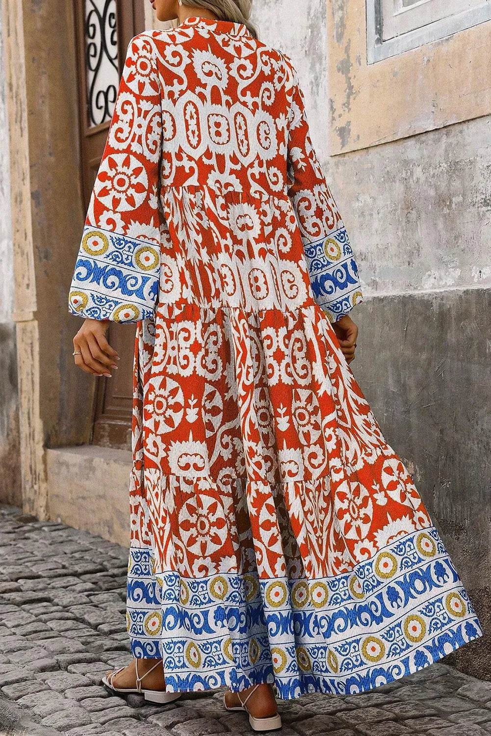 Printed Notched Long Sleeve Maxi Dress - Amexza