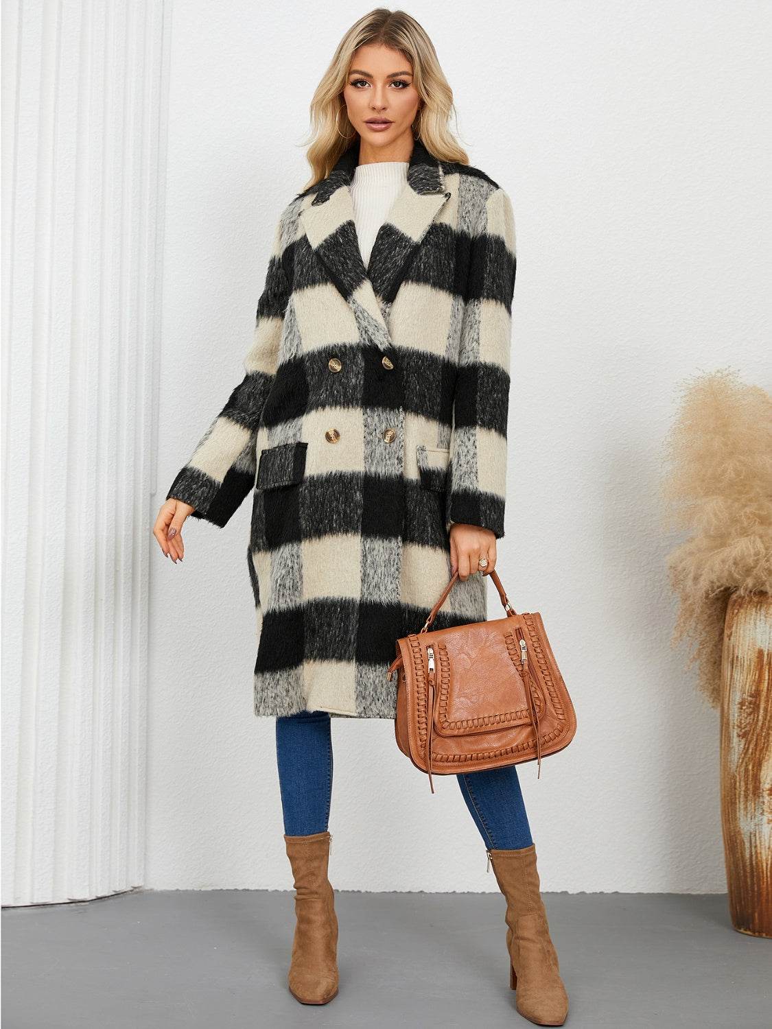 Plaid Double-Breasted Long Sleeve Coat - Amexza