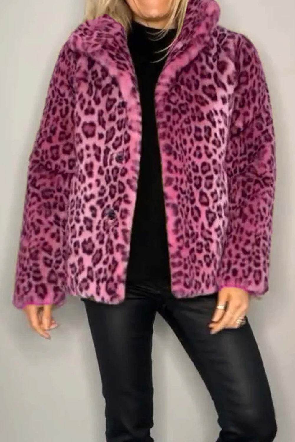 Full Size Leopard Furry Collared Neck Long Sleeve Coat - Amexza