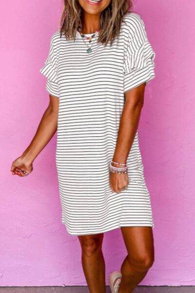 Stripe Round Neck Short Sleeve Mini Dress for a perfect OOTD – dress to impress outfits from Amexza