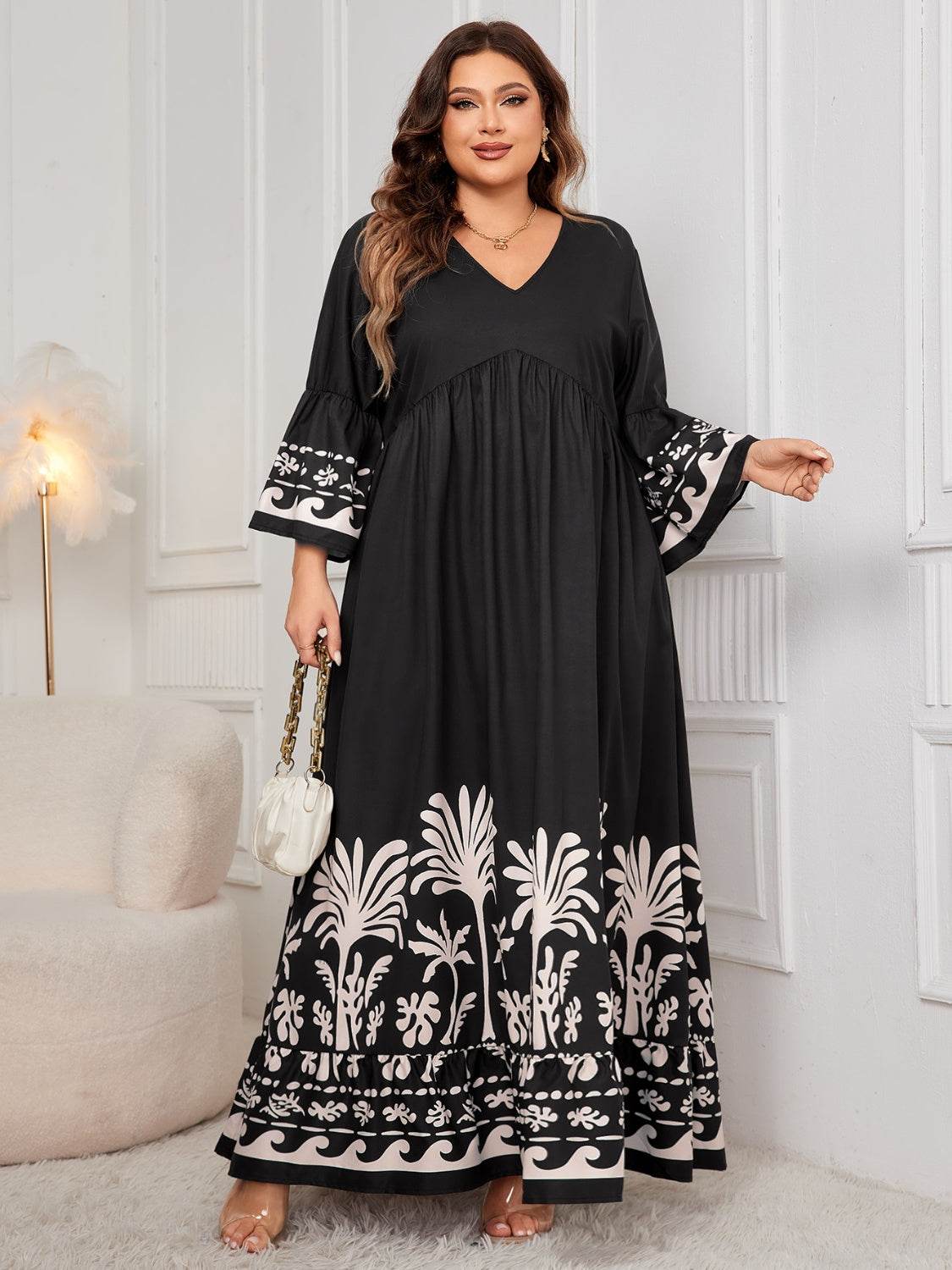 Honey Plus Size Printed V-Neck Long Sleeve Maxi Dress - Amexza