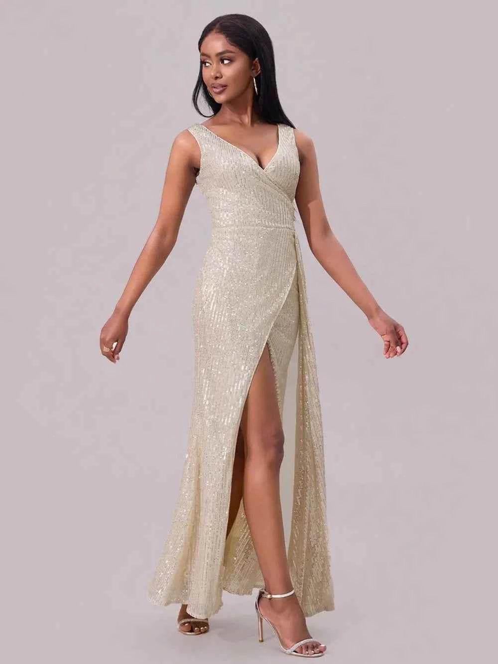 Slit Sequin Surplice Sleeveless Maxi Dress for a perfect OOTD – dress to impress outfits from Amexza